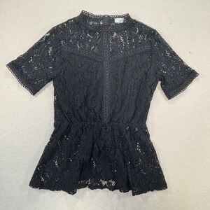 Tobrief Black Lace Top Small Short Sleeve High Neck Fitted Blouse Whimsigoth